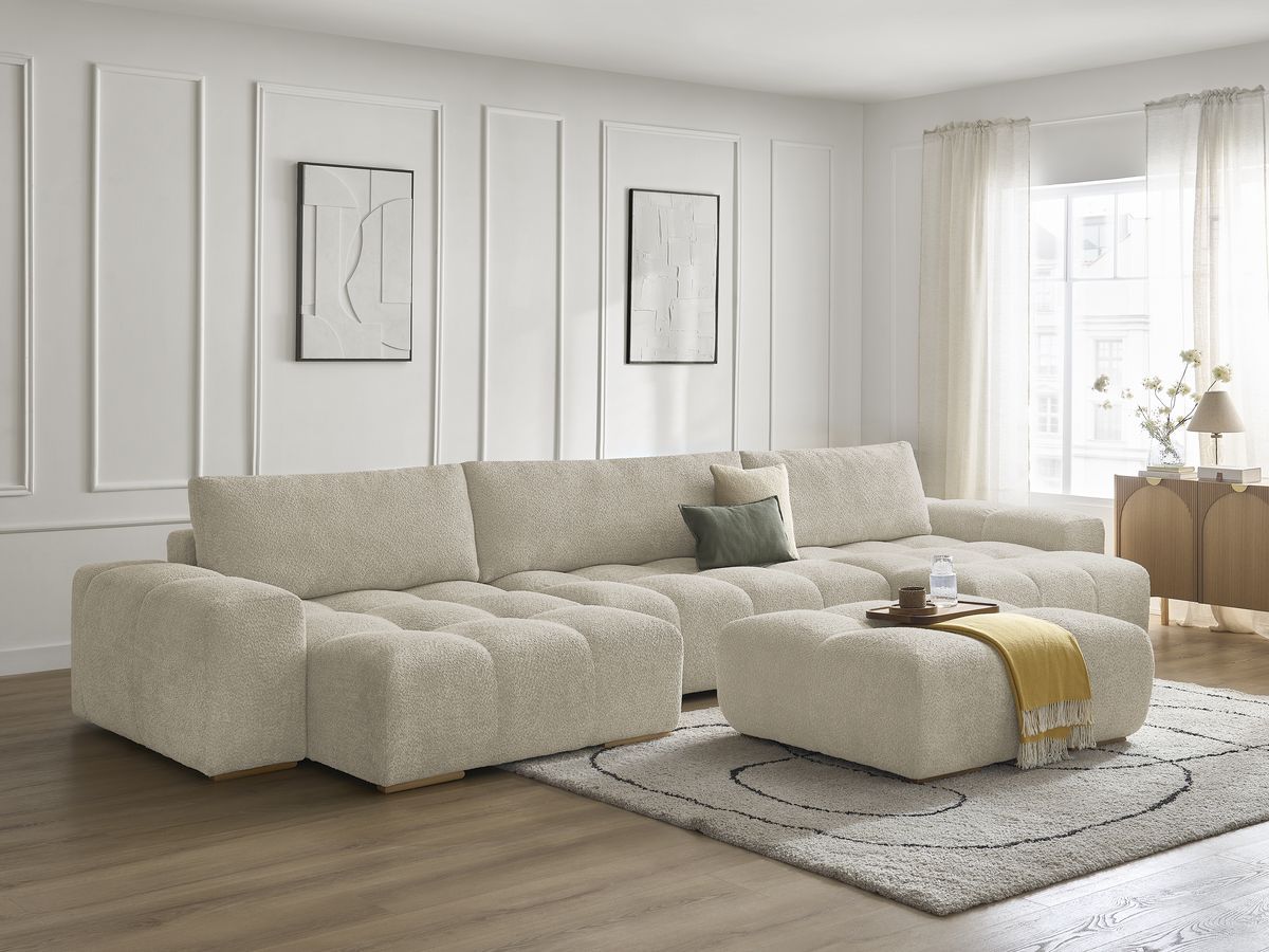 Bobochic Anakin Wohnlandschaft mit Pouf, Liegefläche 137 × 382 cm, 3 Kissen Bouclé-Stoff Beige