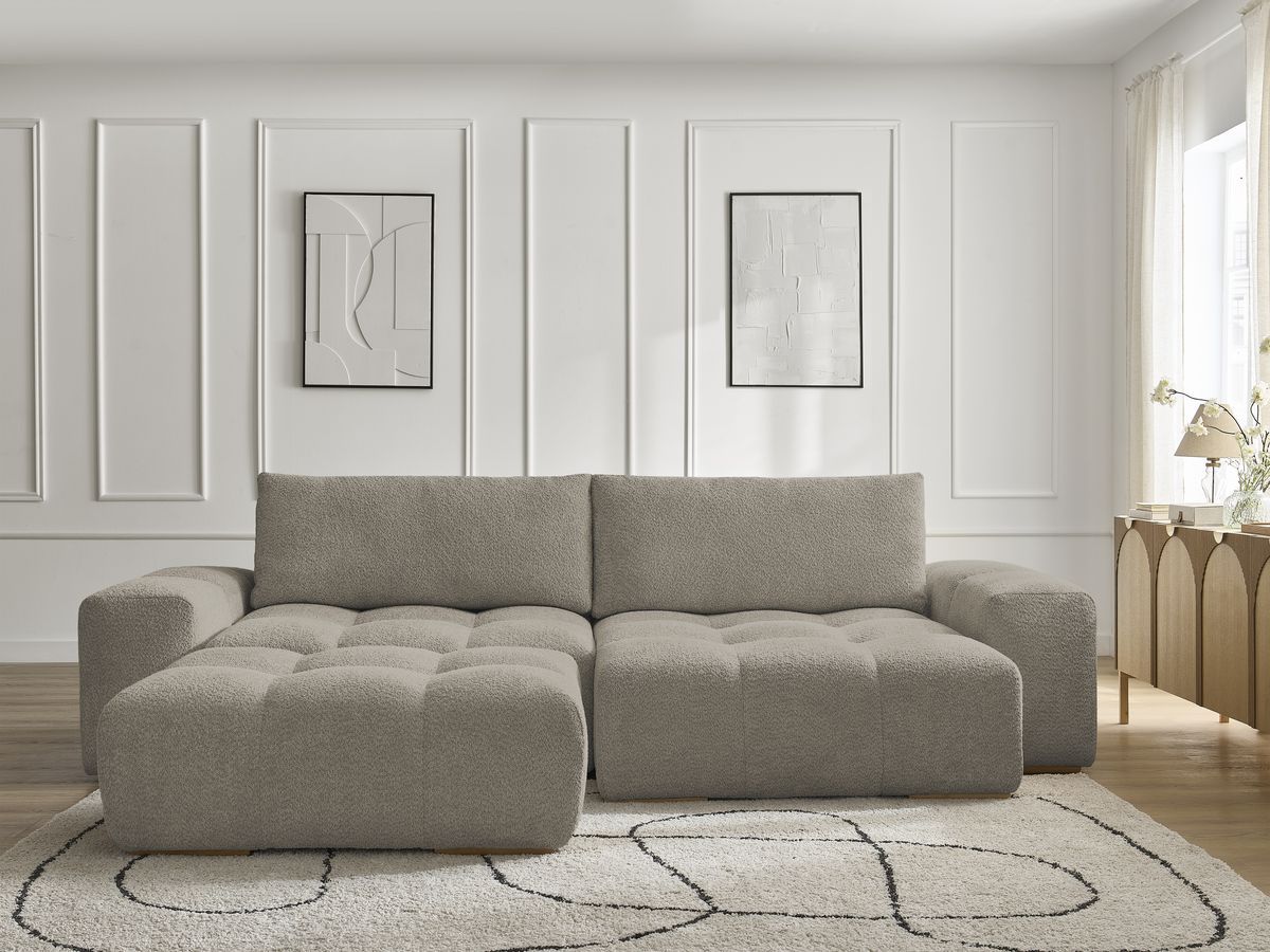 Bobochic Anakin Ecksofa mit Schlaffunktion und Bettkasten und Pouf, 2 Kissen Bouclé-Stoff Taupe