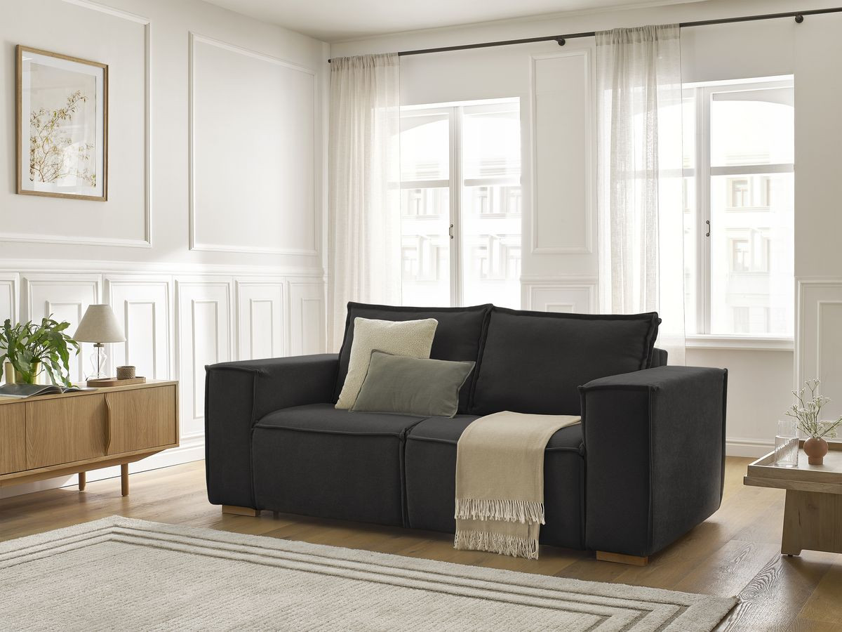 Bobochic Chelsea Schlafsofa 3-Sitzer Strukturstoff Schwarz, Liegefläche 160 × 200 cm