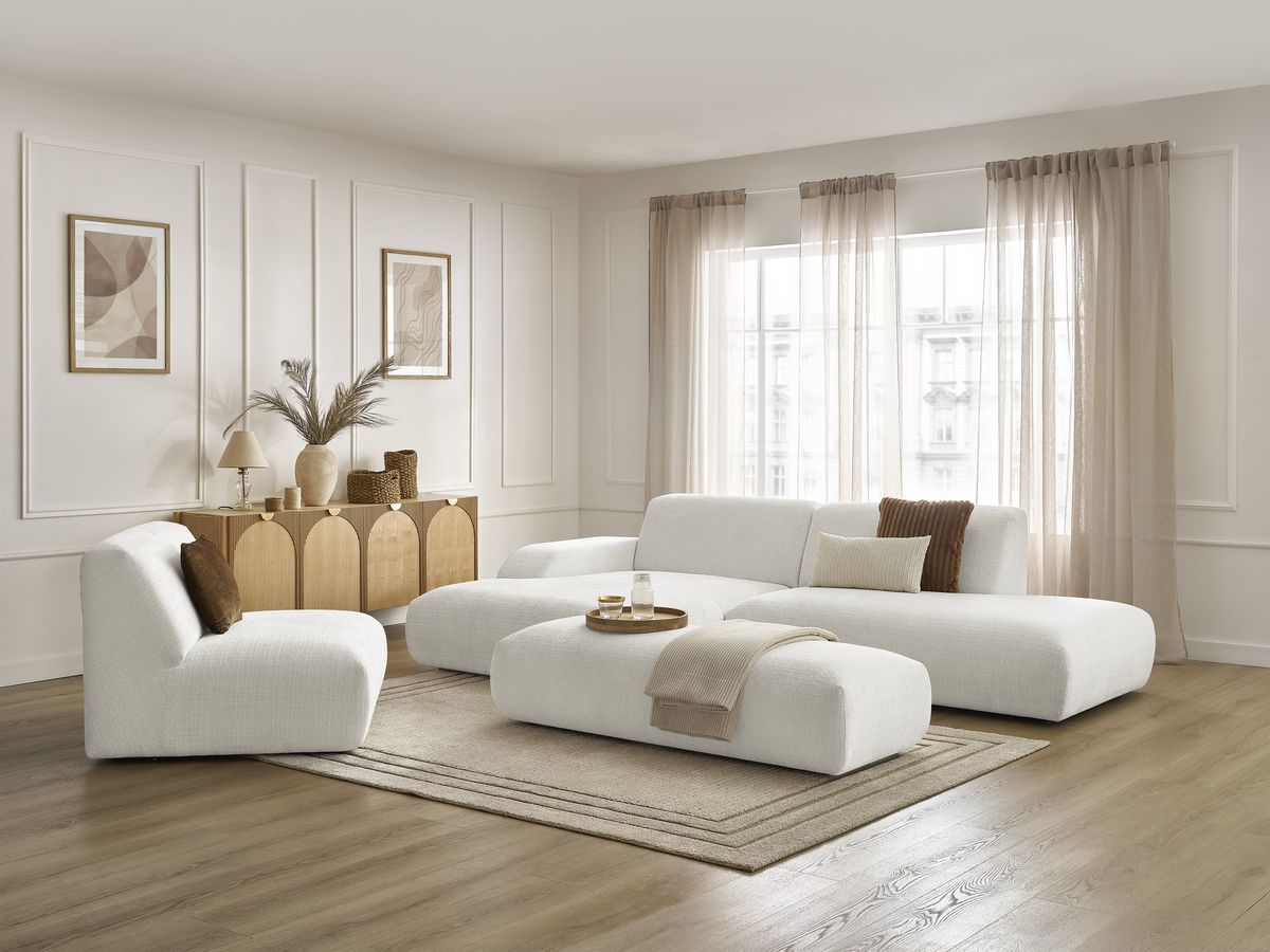 Bobochic Sirius Ecksofa mit Pouf 405 × 170 cm Strukturstoff Weiß Ecke links