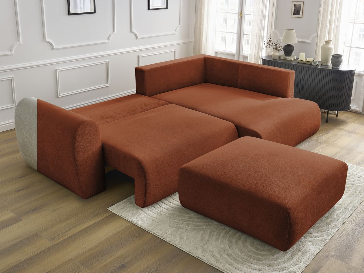 Bobochic Lucien Ecksofa mit Schlaffunktion und Bettkasten und Pouf 296 × 198 cm Stoff Orange Ecke rechts
