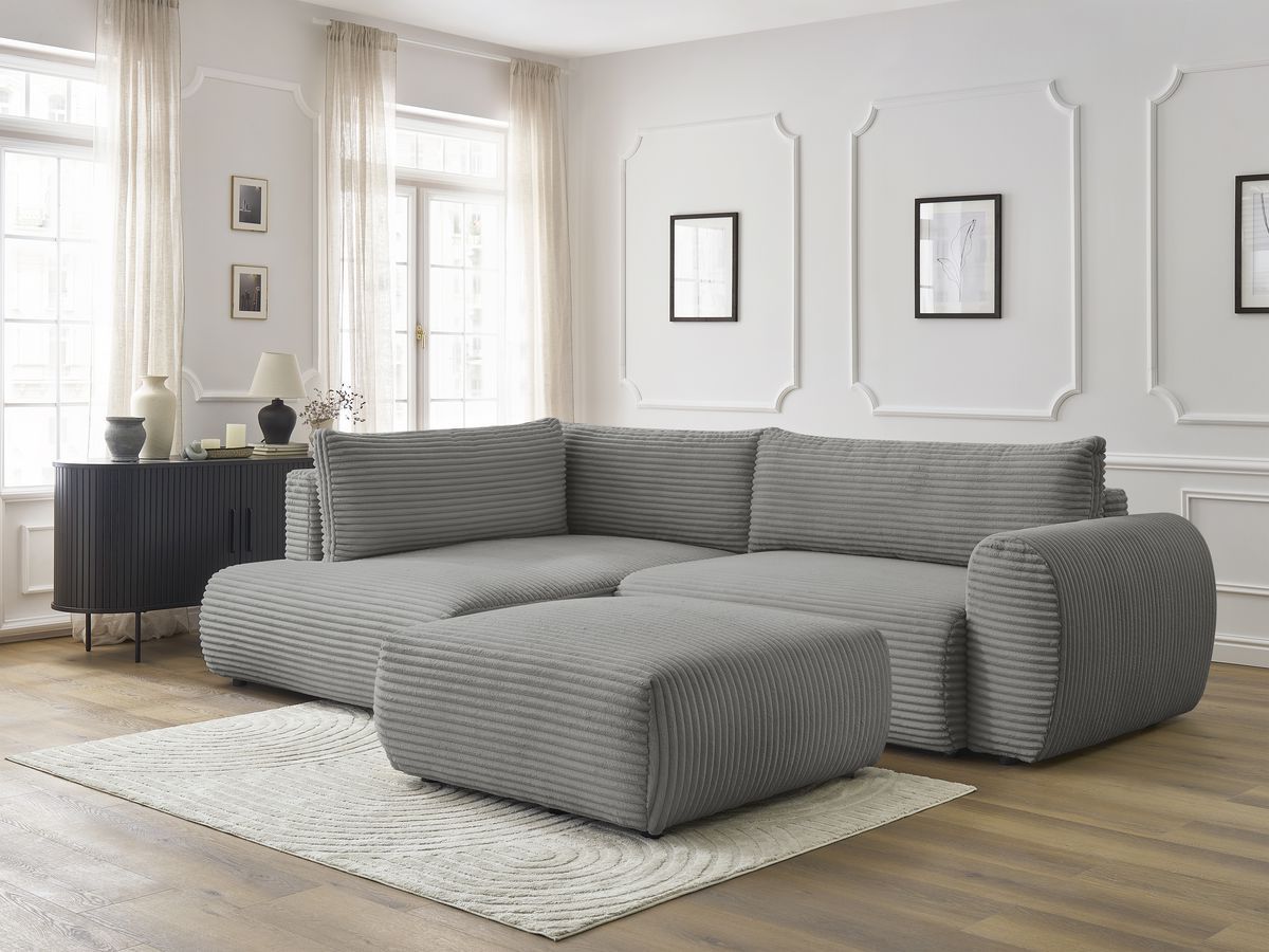 Bobochic Lucien Ecksofa mit Schlaffunktion und Bettkasten und Pouf 296 × 198 cm Breitcord weich Dunkelgrau Ecke links