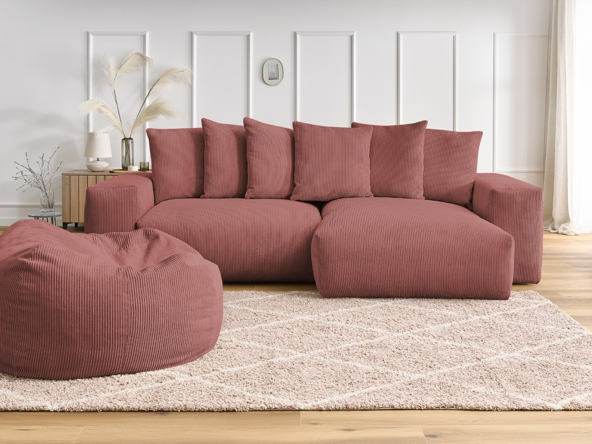 Bobochic Voltaire Ecksofa mit Pouf 310 × 174 cm Cordsamt Rosa