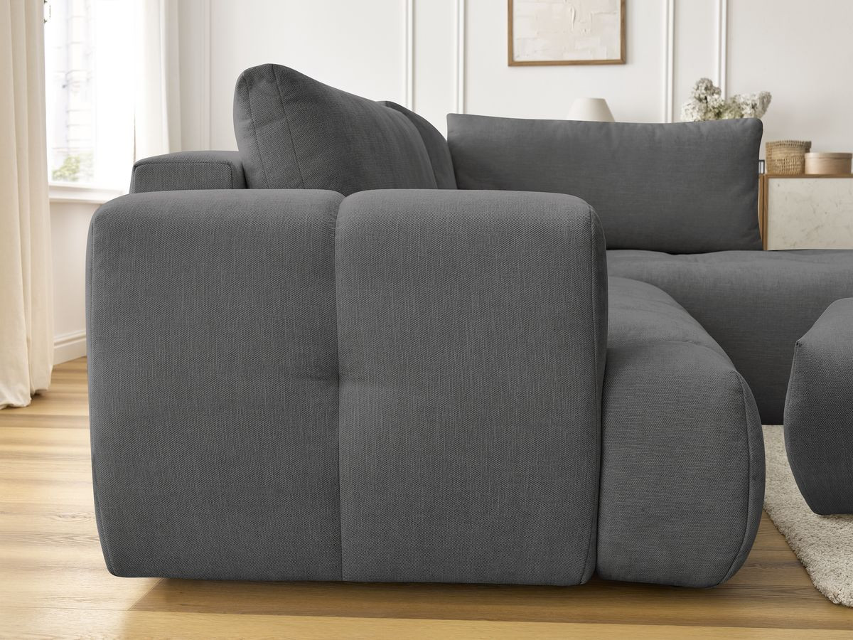 Bobochic Fuji Ecksofa mit Schlaffunktion und Bettkasten und Pouf 282 × 204 cm Stoff Dunkelgrau Ecke rechts