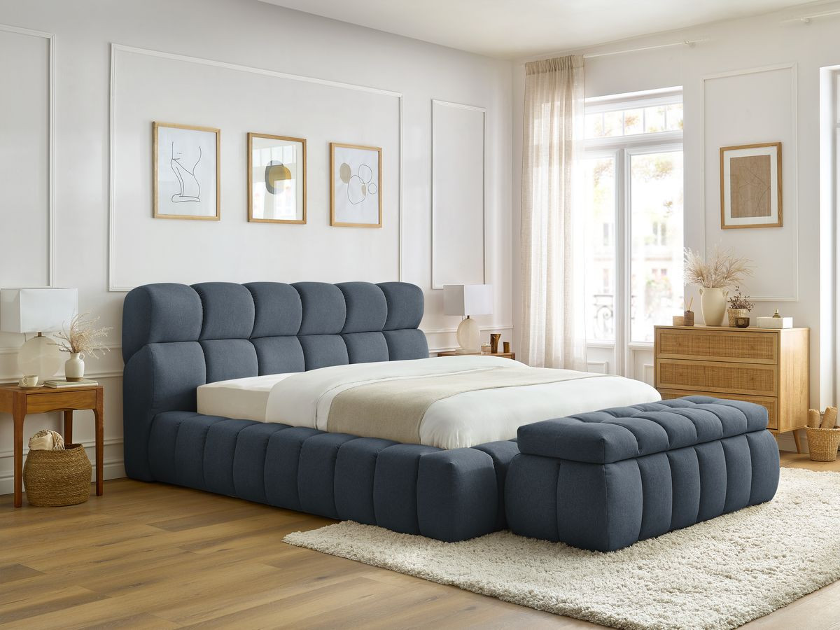 Bobochic Mont-blanc Polsterbett mit Bettkasten mit Bettbank Stoff Dunkelblau, Liegefläche 180 × 200 cm