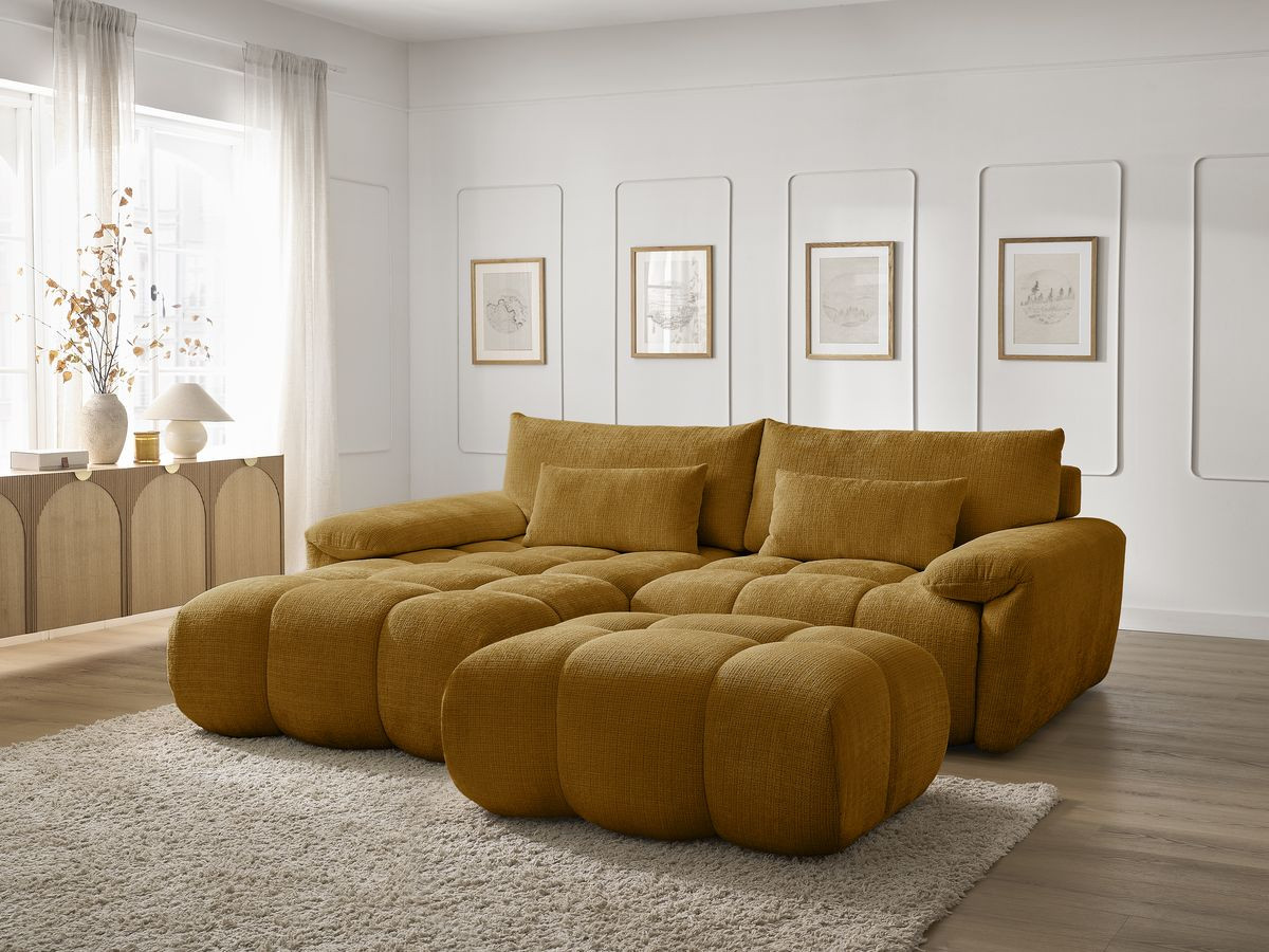 Bobochic Ivane Ecksofa mit Pouf Strukturstoff Gelb Ecke links