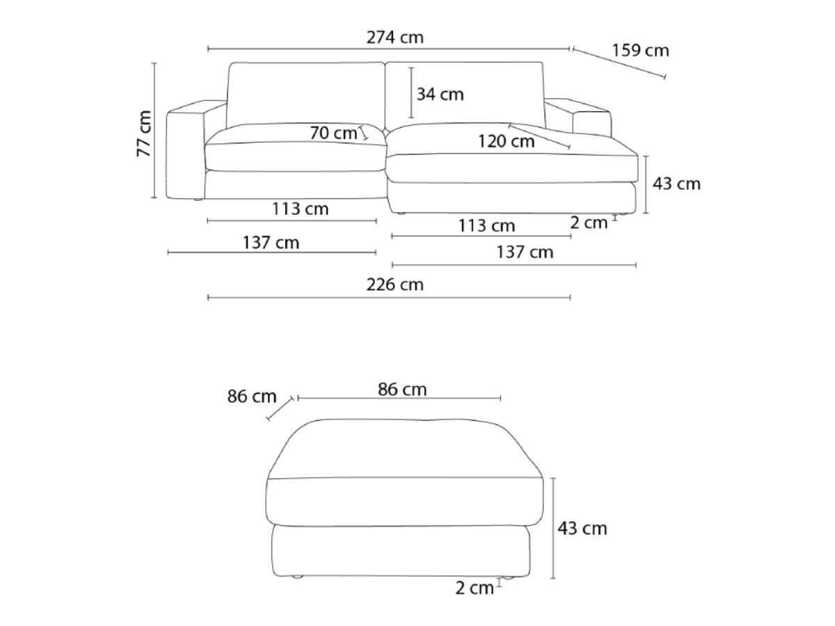 Bobochic Leonard Ecksofa mit Pouf 274 × 159 cm Cordsamt Dunkelgrün Ecke rechts