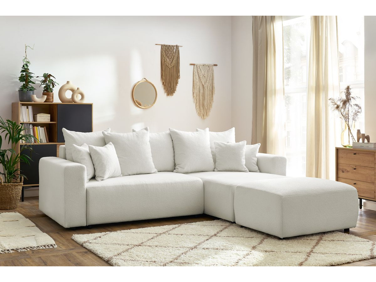 Bobochic Envy Ecksofa mit Schlaffunktion und Bettkasten und rechteckigem Pouf Bouclé-Stoff Weiß