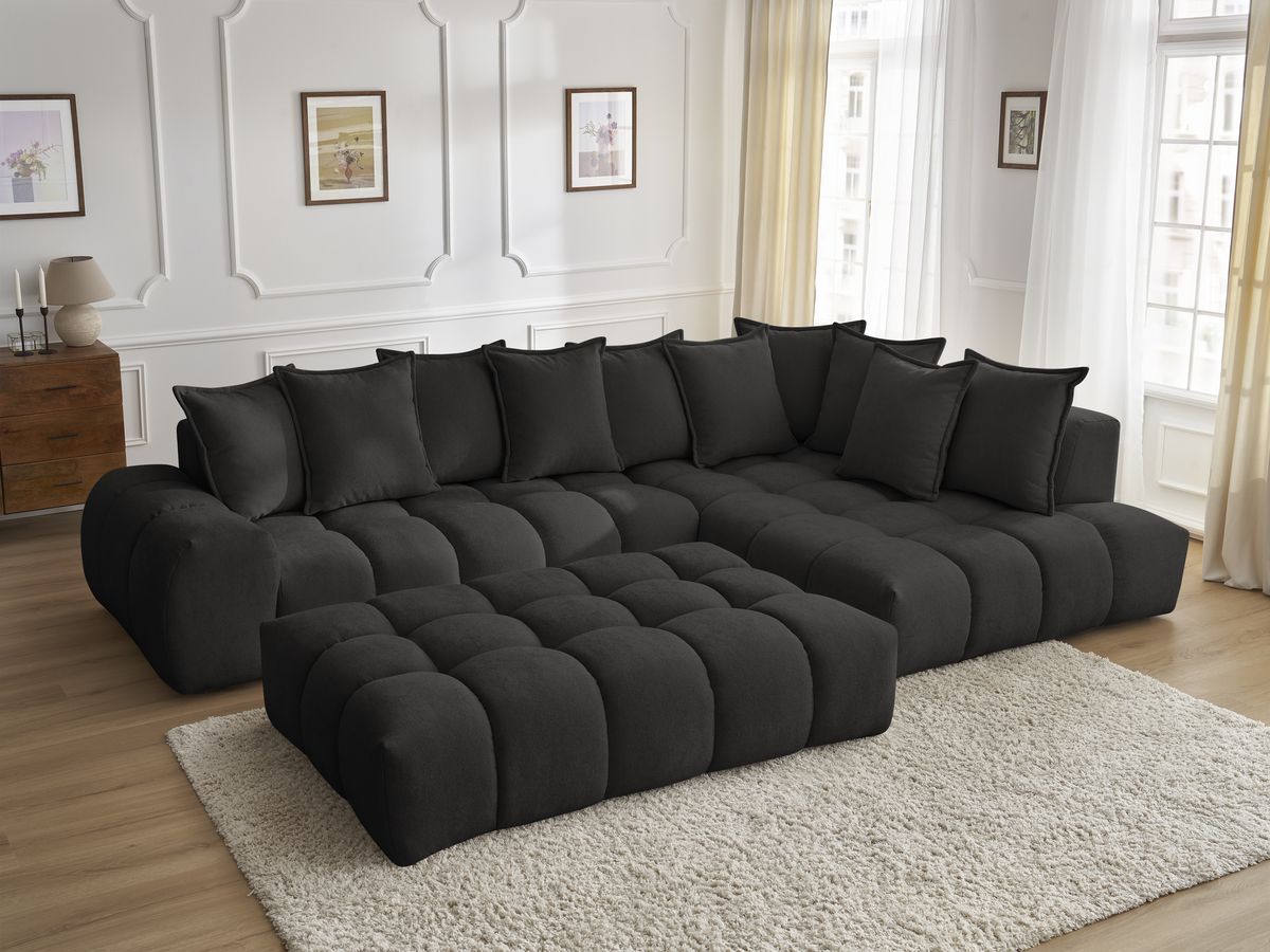 Bobochic Everest Ecksofa mit Schlaffunktion und Pouf, 10 Kissen Strukturstoff Schwarz Ecke rechts