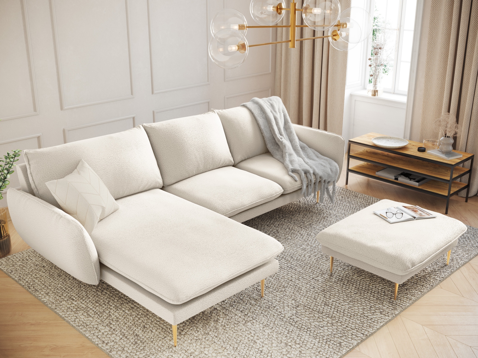 Cosmopolitan Design Ecksofa Vienna 5-Sitzer Boucle Ascot Beige Links Beine Gold