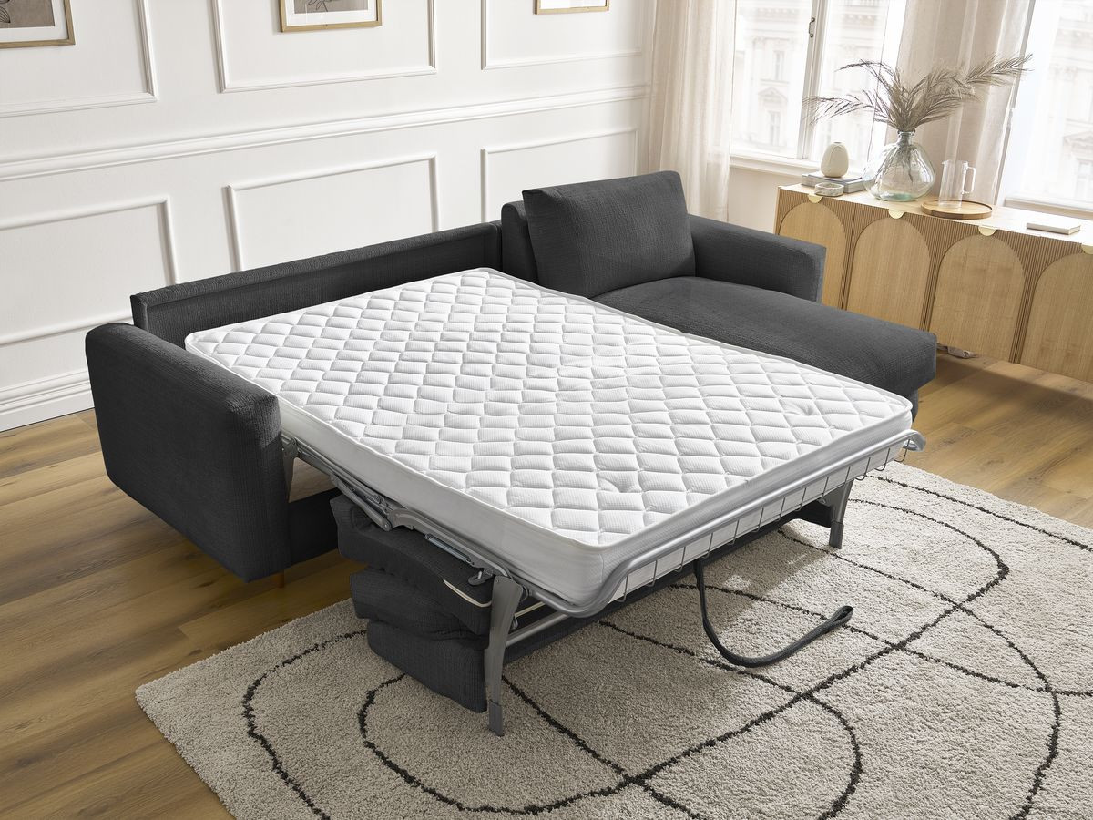 Bobochic Cocoone Ecksofa mit Schlaffunktion und Bettkasten Strukturstoff Schwarz, Liegefläche 140 × 200 cm