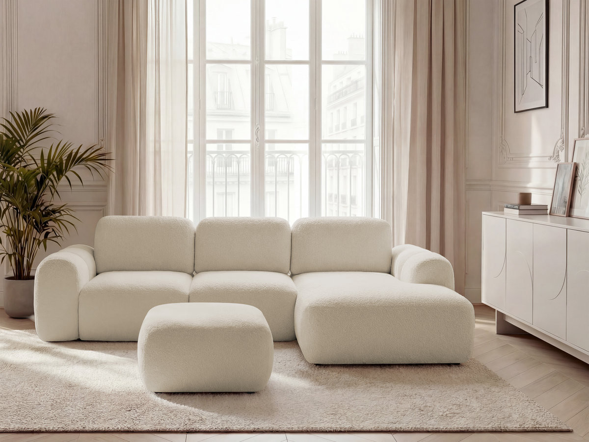 Bobochic Montaigne Ecksofa mit Schlaffunktion und Bettkasten und Pouf 276 × 164 cm Bouclé-Stoff Beige Ecke rechts