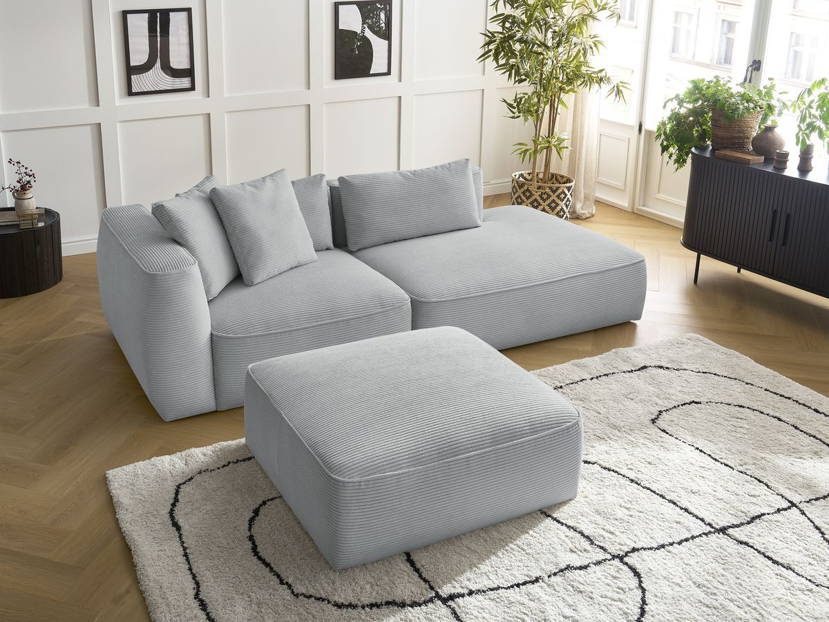 Bobochic Leopold Sofa 4-Sitzer mit Pouf Cordsamt Hellgrau Armlehne links