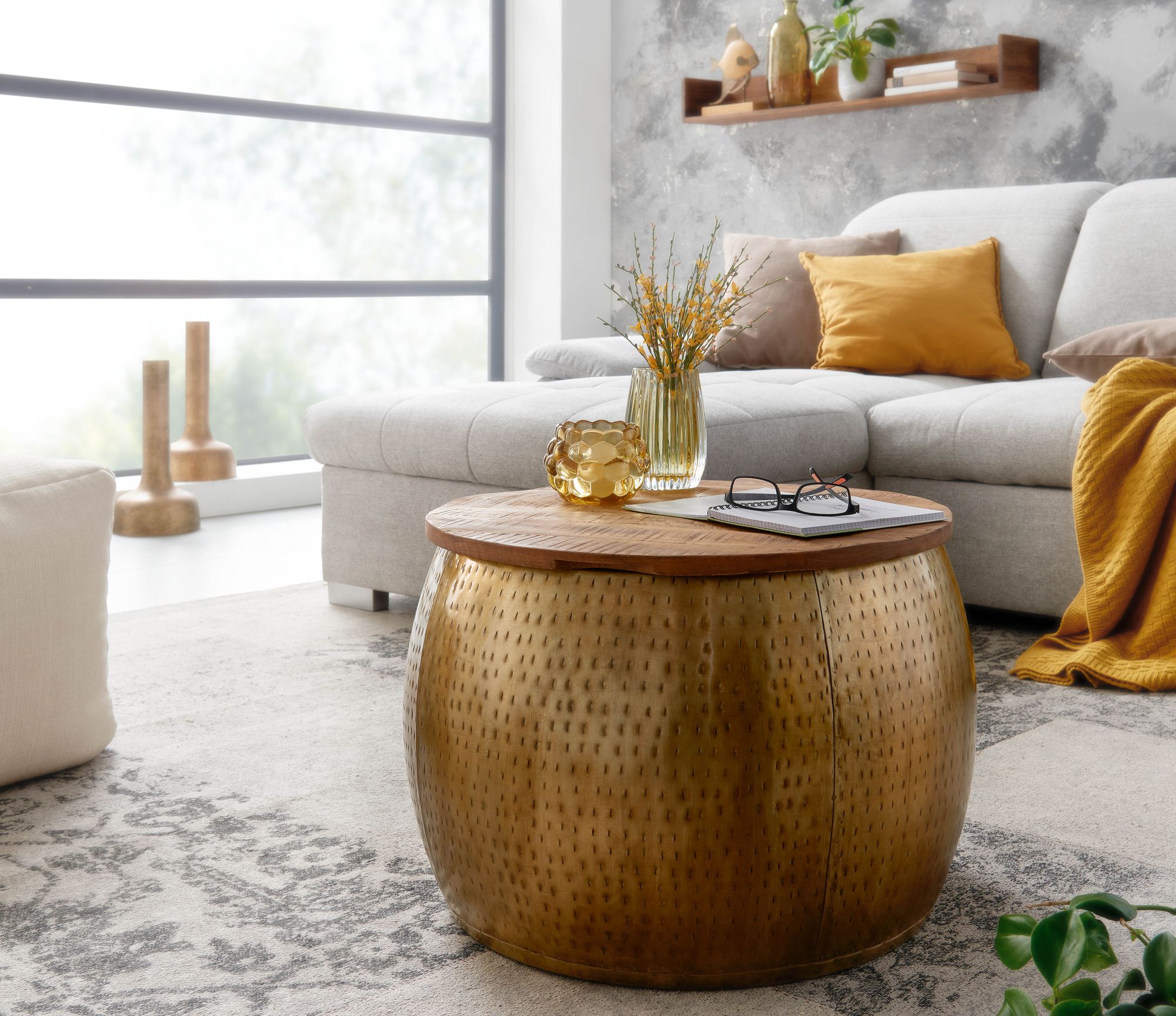 Couchtisch Alvundeid Mango Massivholz Gold Ø 60 cm
