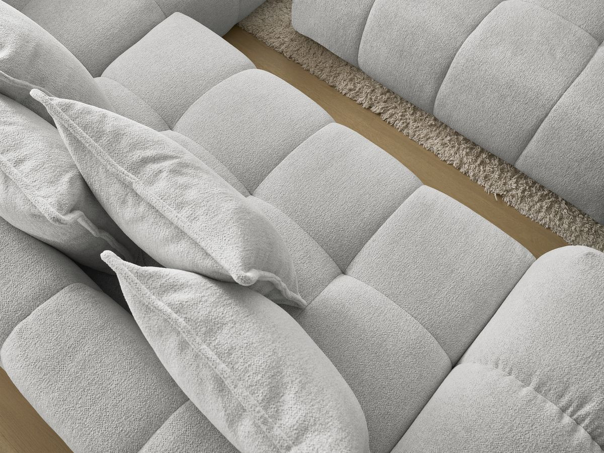 Bobochic Everest Ecksofa mit Schlaffunktion und Bettkasten und Pouf 320 × 212 cm, 10 Kissen Melange-Stoff Hellgrau Ecke rechts
