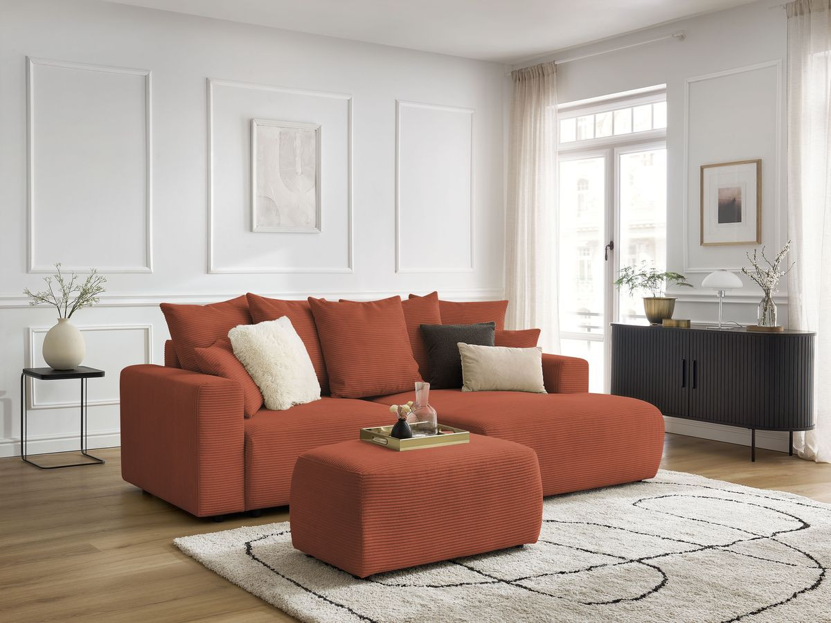 Bobochic Atilla Ecksofa mit Schlaffunktion und Bettkasten und Pouf Cordsamt Orange Ecke rechts