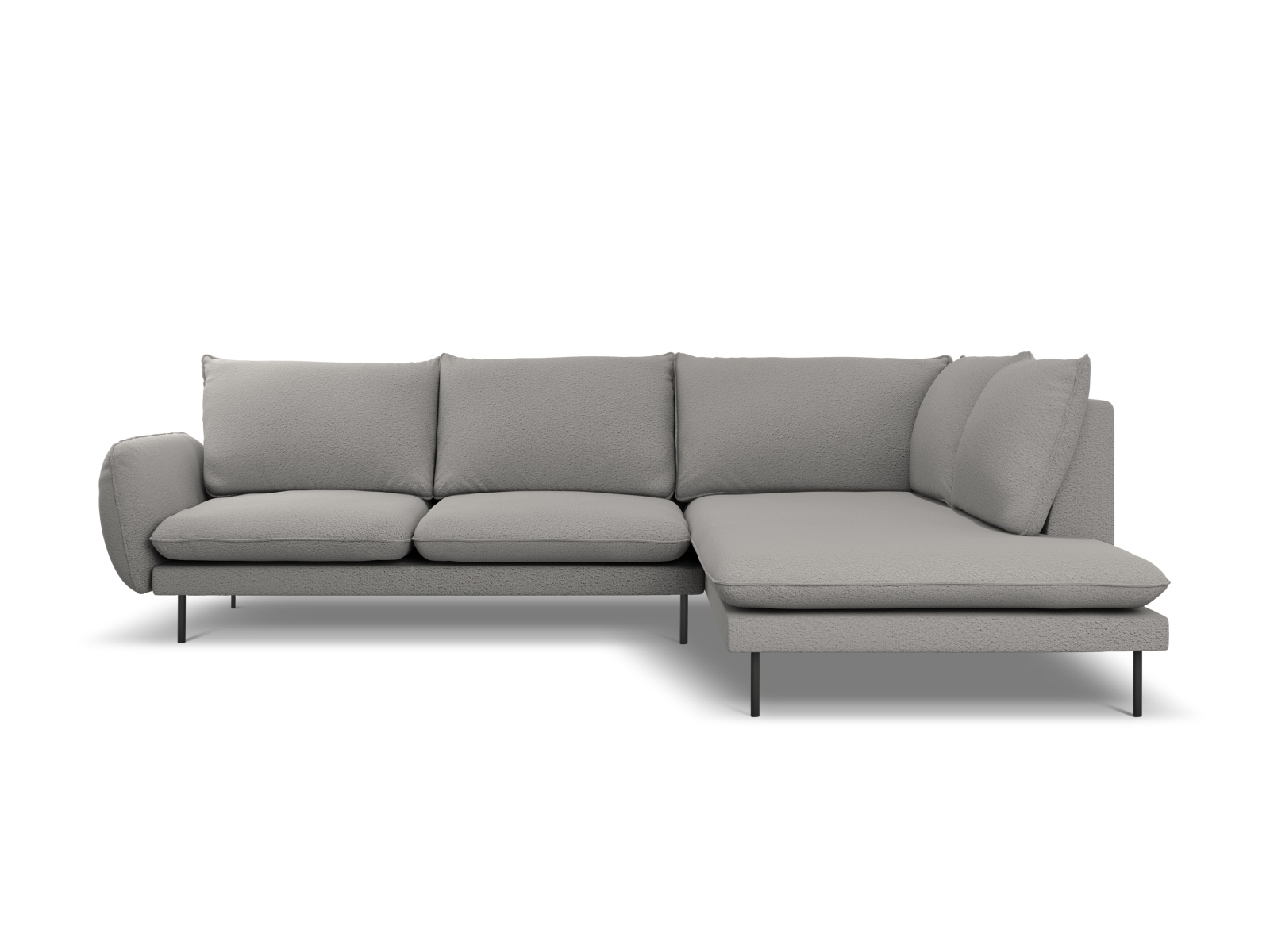 Cosmopolitan Design Ecksofa Vienna 6-Sitzer Boucle Ascot Grau Rechts Beine Schwarzes Metall