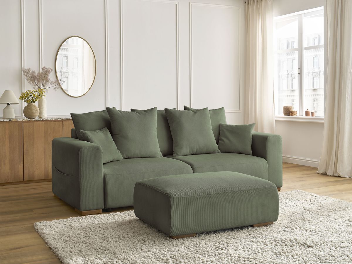 Bobochic Sidonie Schlafsofa 4-Sitzer mit Bettkasten und Pouf Cordsamt Grün