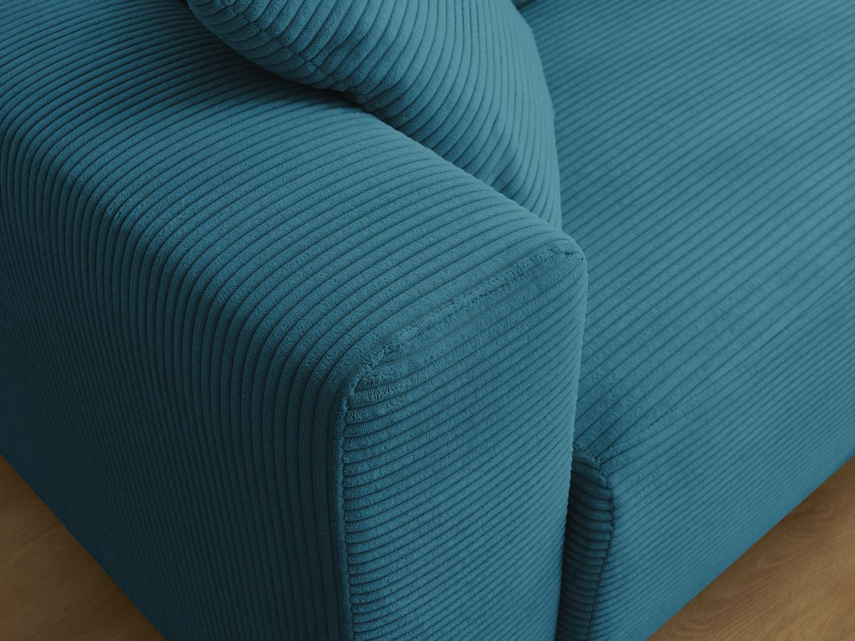 Bobochic Atilla Ecksofa mit Schlaffunktion und Bettkasten und Pouf Cordsamt Hellblau Ecke rechts