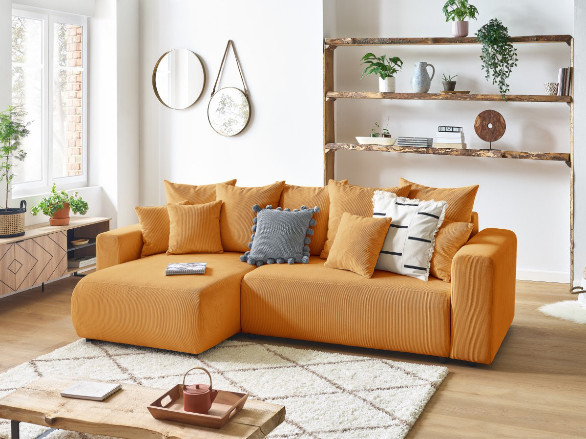 Bobochic Envy Ecksofa mit Schlaffunktion und Bettkasten Cordsamt Gelb