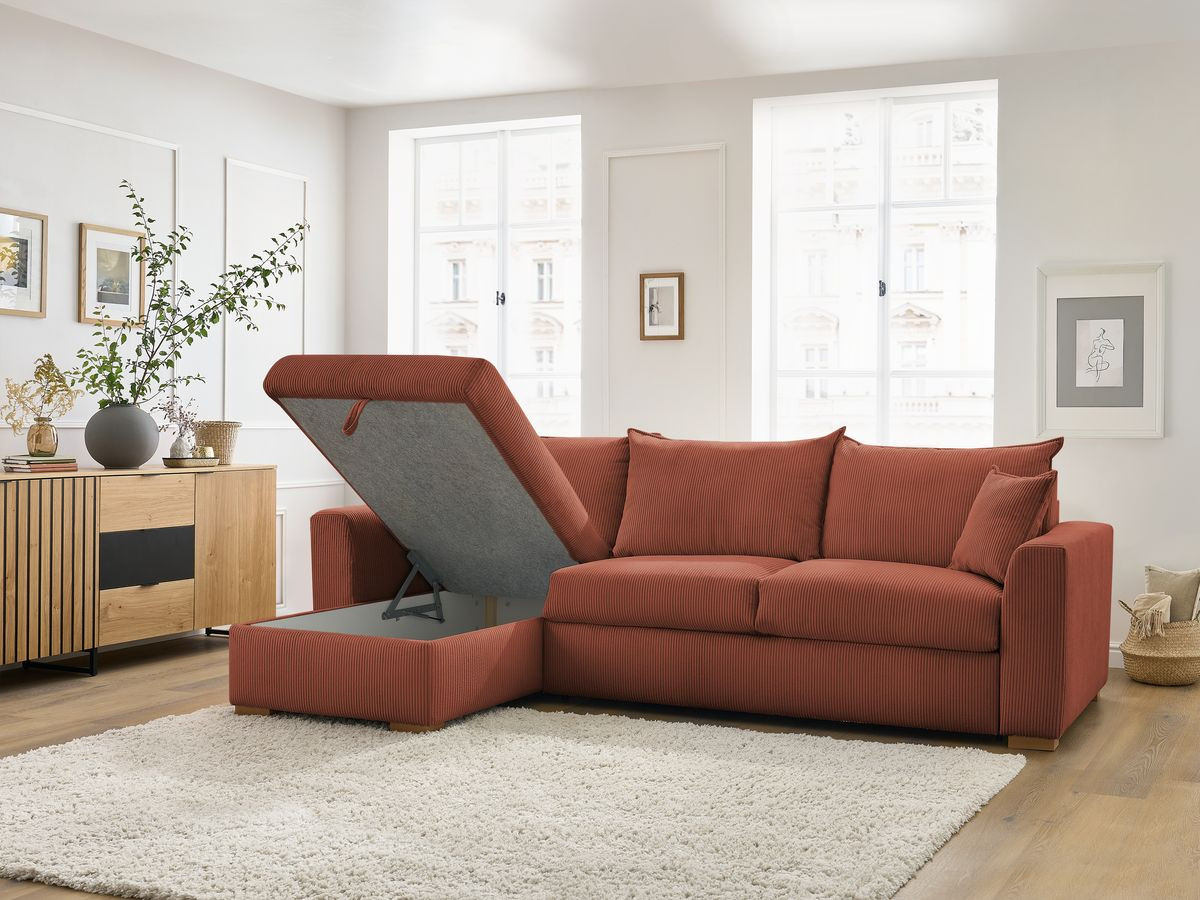 Bobochic Augustin Ecksofa mit Schlaffunktion und Bettkasten Cordsamt Orange, Liegefläche 140 × 200 cm