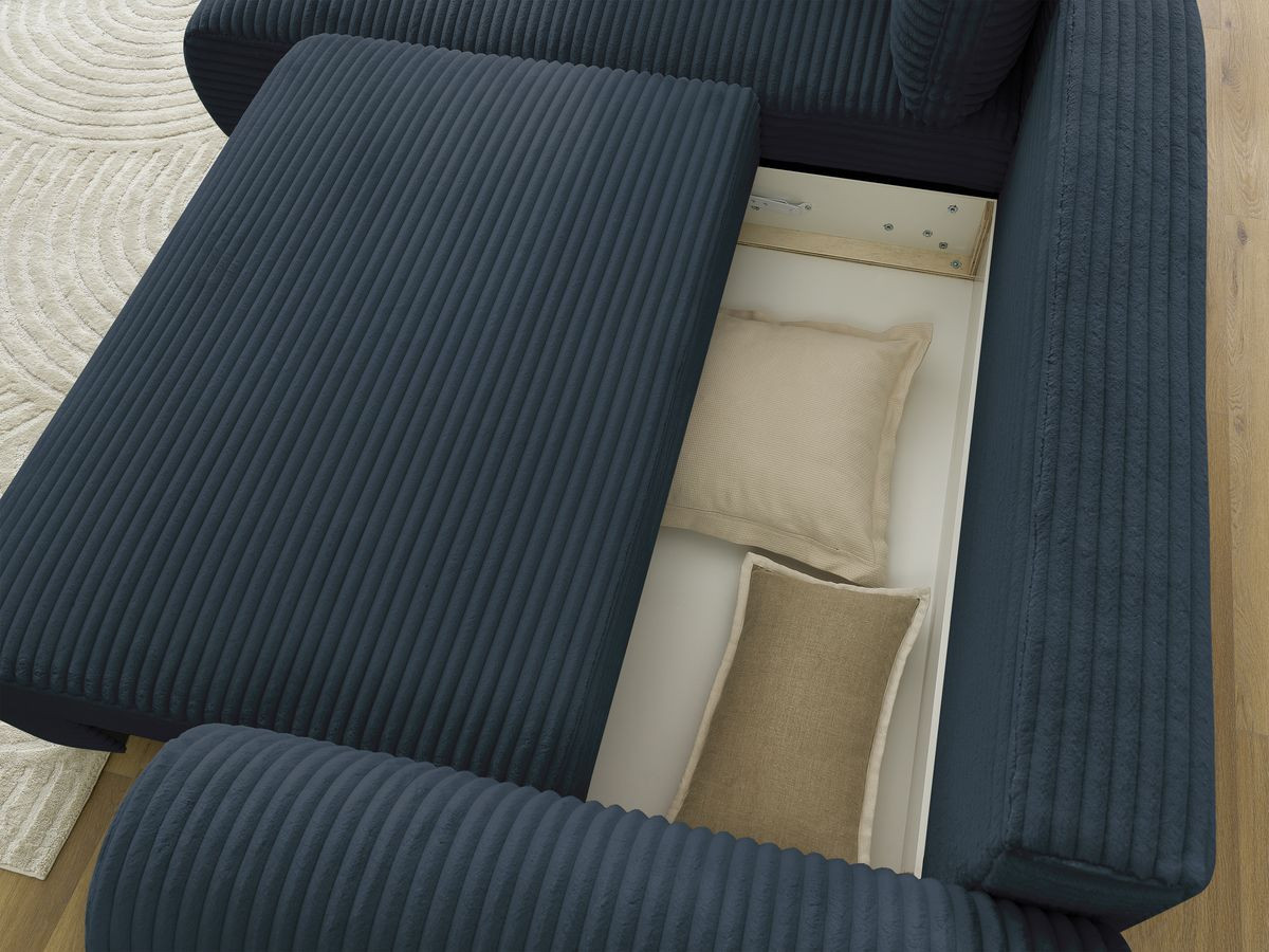 Bobochic Lucien Ecksofa mit Schlaffunktion und Bettkasten 296 × 198 cm Breitcord weich Dunkelblau Ecke links