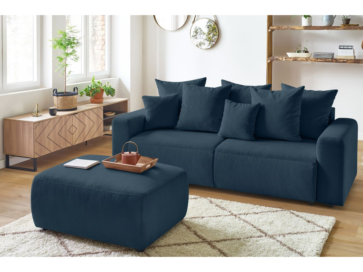 Bobochic Envy Schlafsofa 3-Sitzer mit Bettkasten und Pouf Cordsamt Dunkelblau