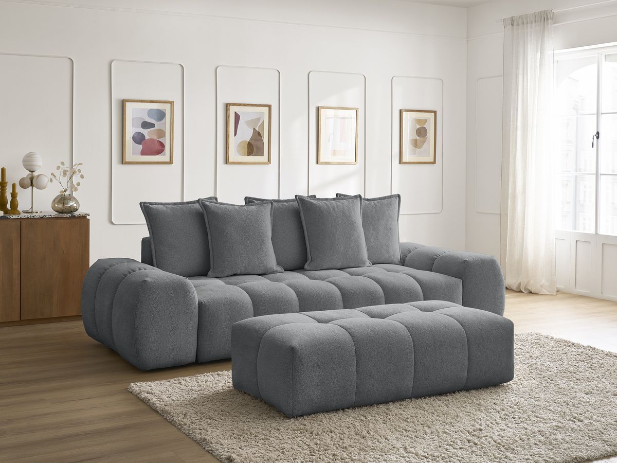Bobochic Everest Sofa 3-Sitzer mit Pouf, 5 Kissen Melange-Stoff Dunkelgrau