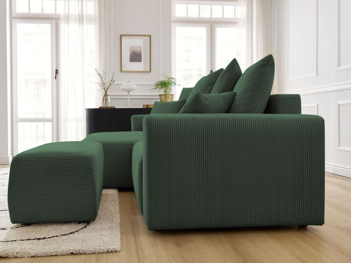 Bobochic Atilla Ecksofa mit Schlaffunktion und Bettkasten und Pouf Cordsamt Dunkelgrün Ecke links