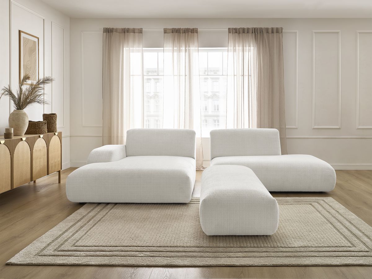 Bobochic Sirius Ecksofa mit Pouf 300 × 170 cm Strukturstoff Weiß Ecke links