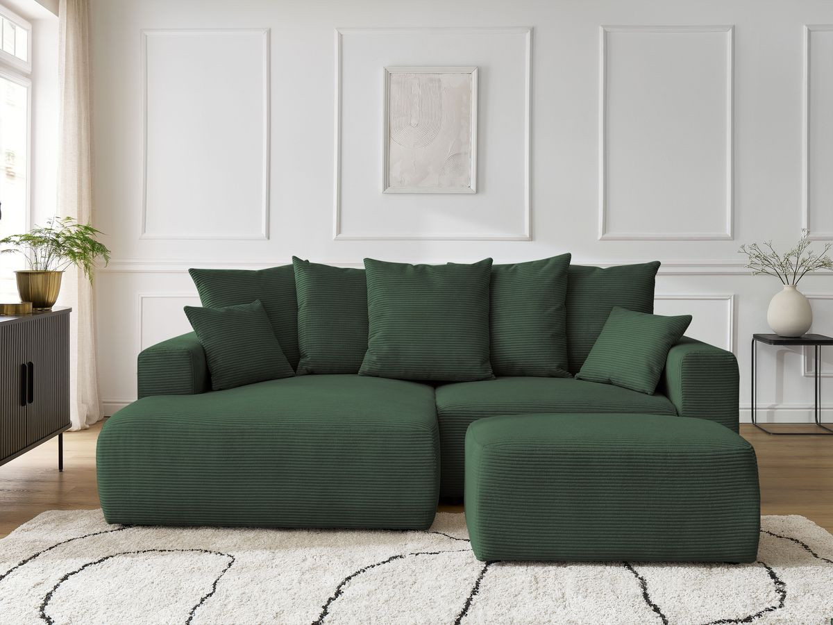 Bobochic Atilla Ecksofa mit Schlaffunktion und Bettkasten und Pouf Cordsamt Dunkelgrün Ecke links