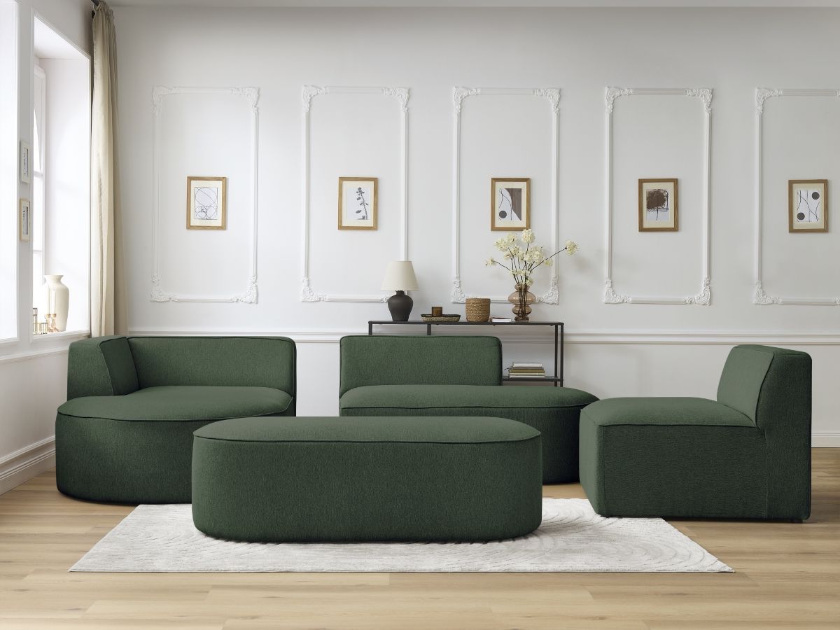 Bobochic Rousseau Ecksofa mit Sofamodul und Pouf Melange-Stoff Grün Ecke links