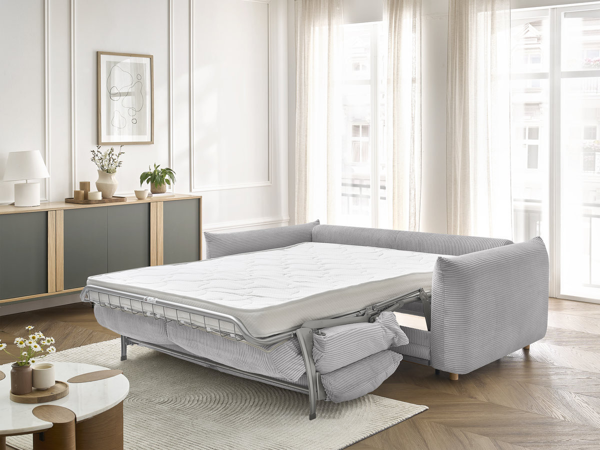 Bobochic Ernest Schlafsofa 3-Sitzer, Liegefläche 140 / 160 × 190 cm Cordsamt Hellgrau, Liegefläche 160 × 190 cm