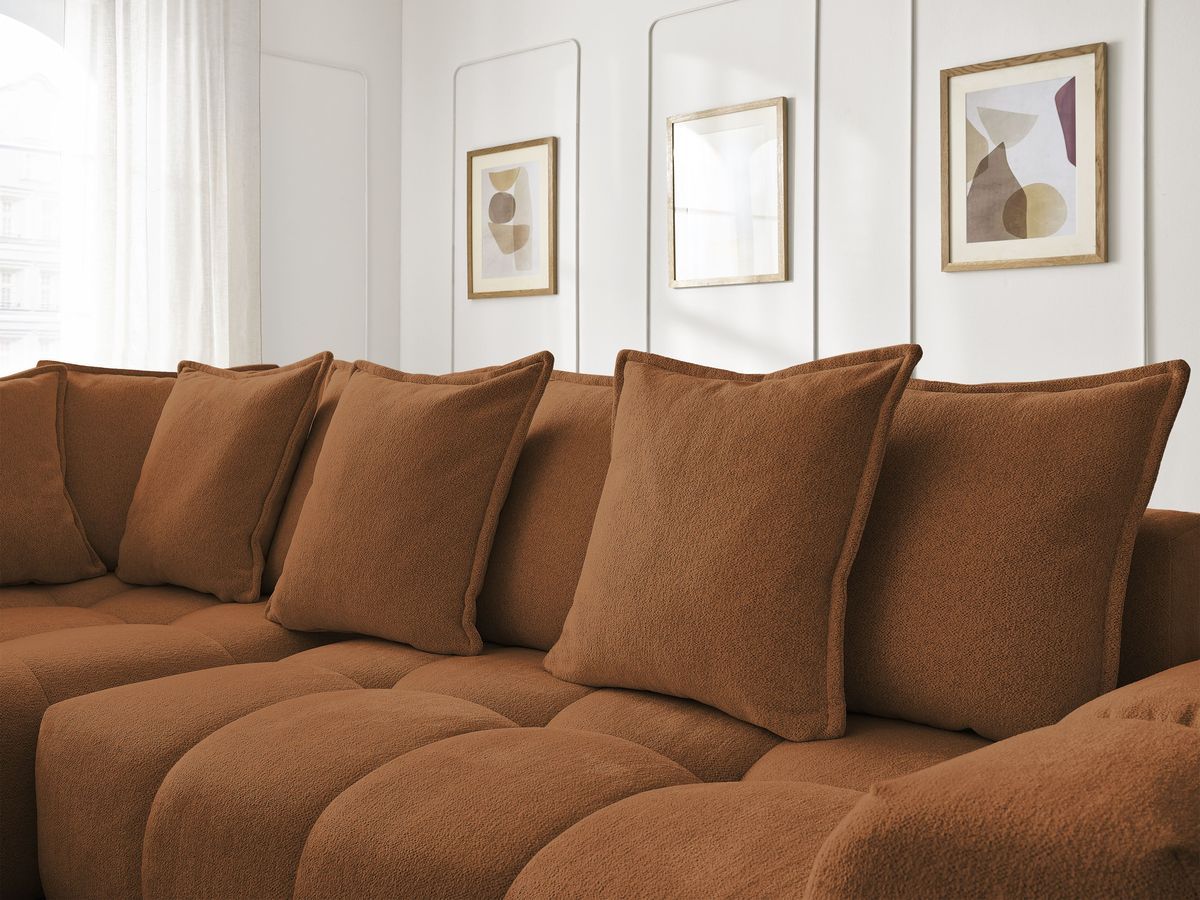 Bobochic Everest Ecksofa mit Schlaffunktion und Bettkasten 320 × 212 cm, 10 Kissen Melange-Stoff Orange Ecke links
