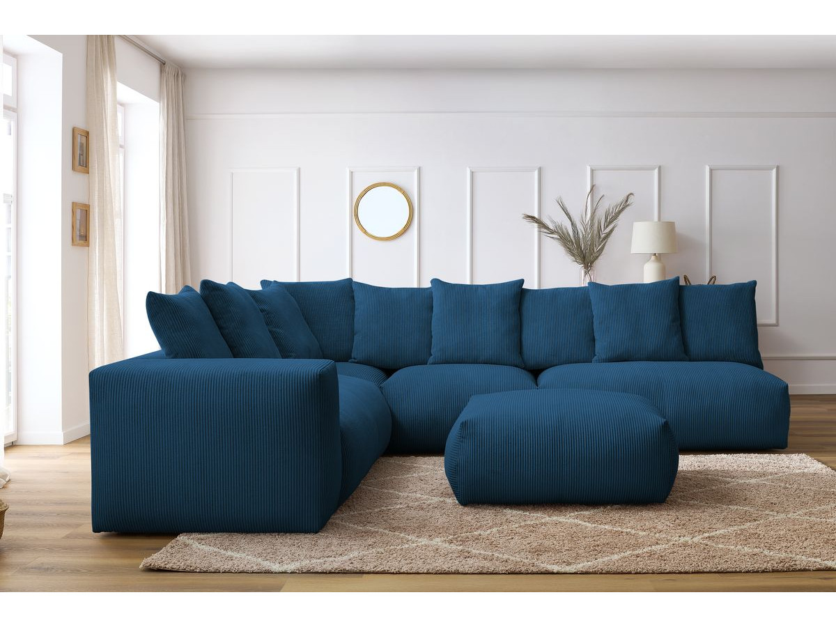 Bobochic Voltaire Ecksofa mit Pouf 322 × 268 cm Cordsamt Dunkelblau Ecke links