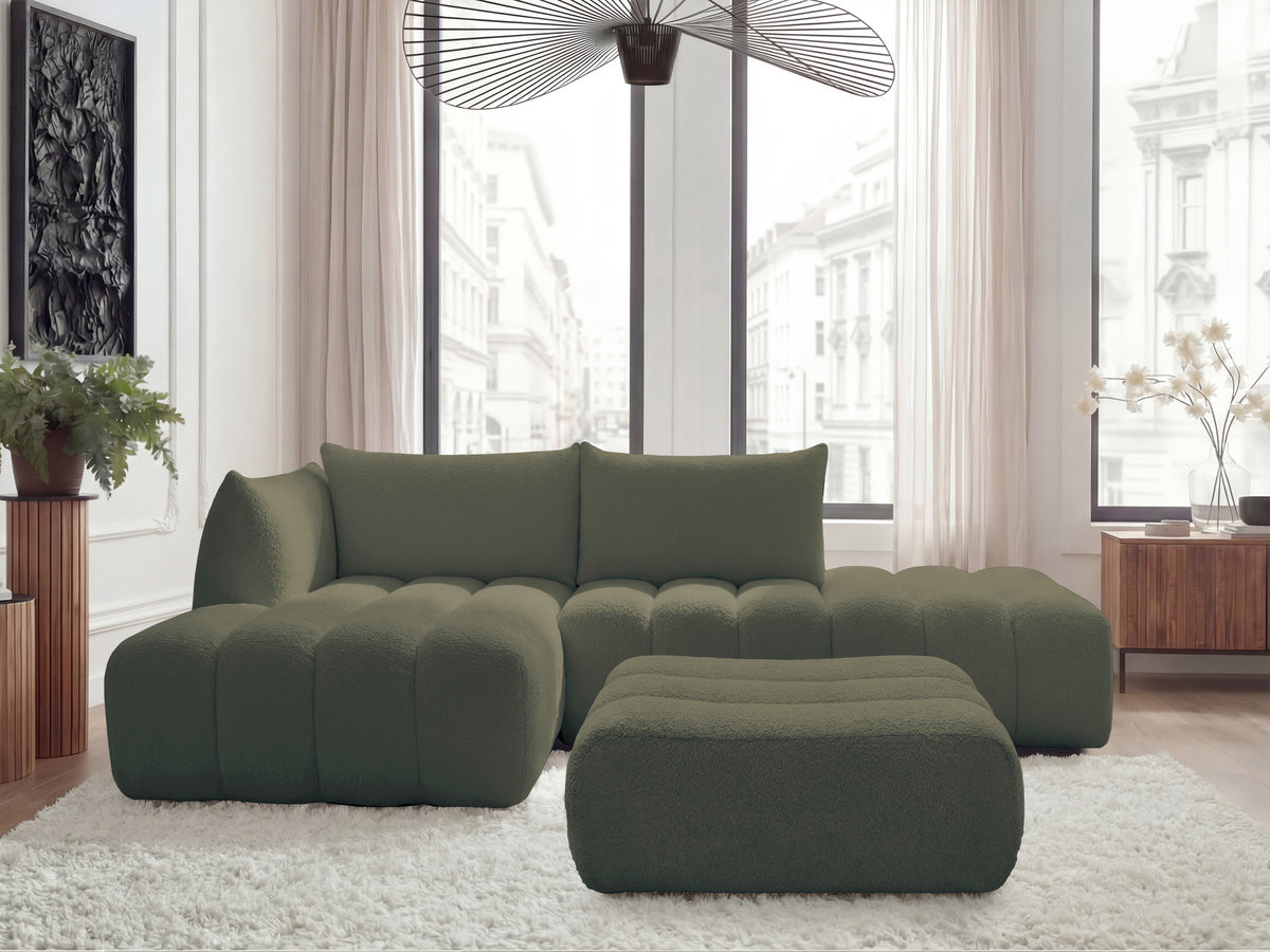 Bobochic Azra Ecksofa mit Pouf 319 × 178 cm Bouclé-Stoff Grün Ecke links