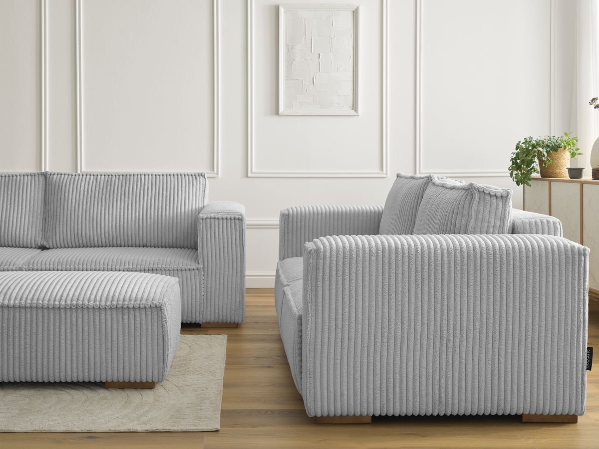 Bobochic Chelsea Sofa 6-Sitzer mit Pouf Breitcord weich Hellgrau