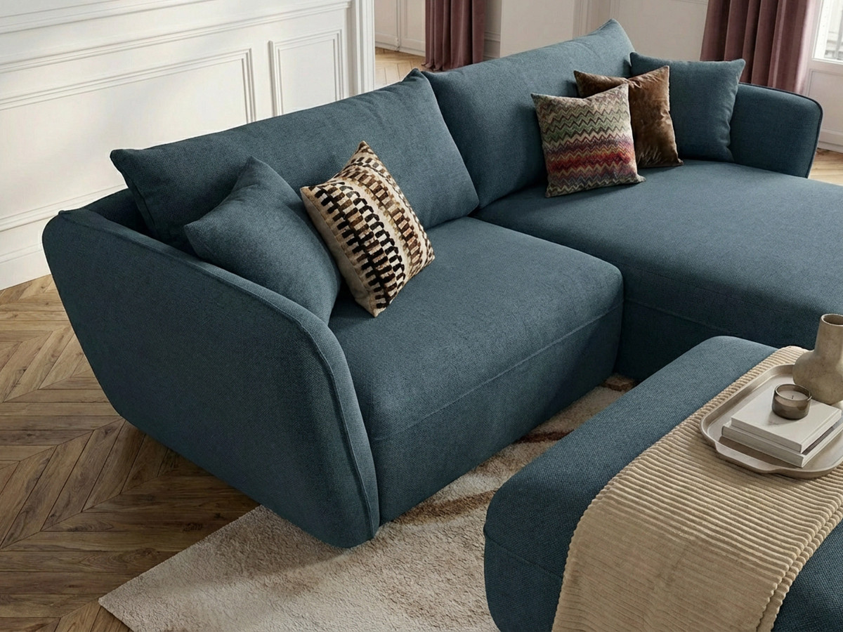 Bobochic Luigi Ecksofa mit Pouf Strukturstoff Blau Ecke rechts