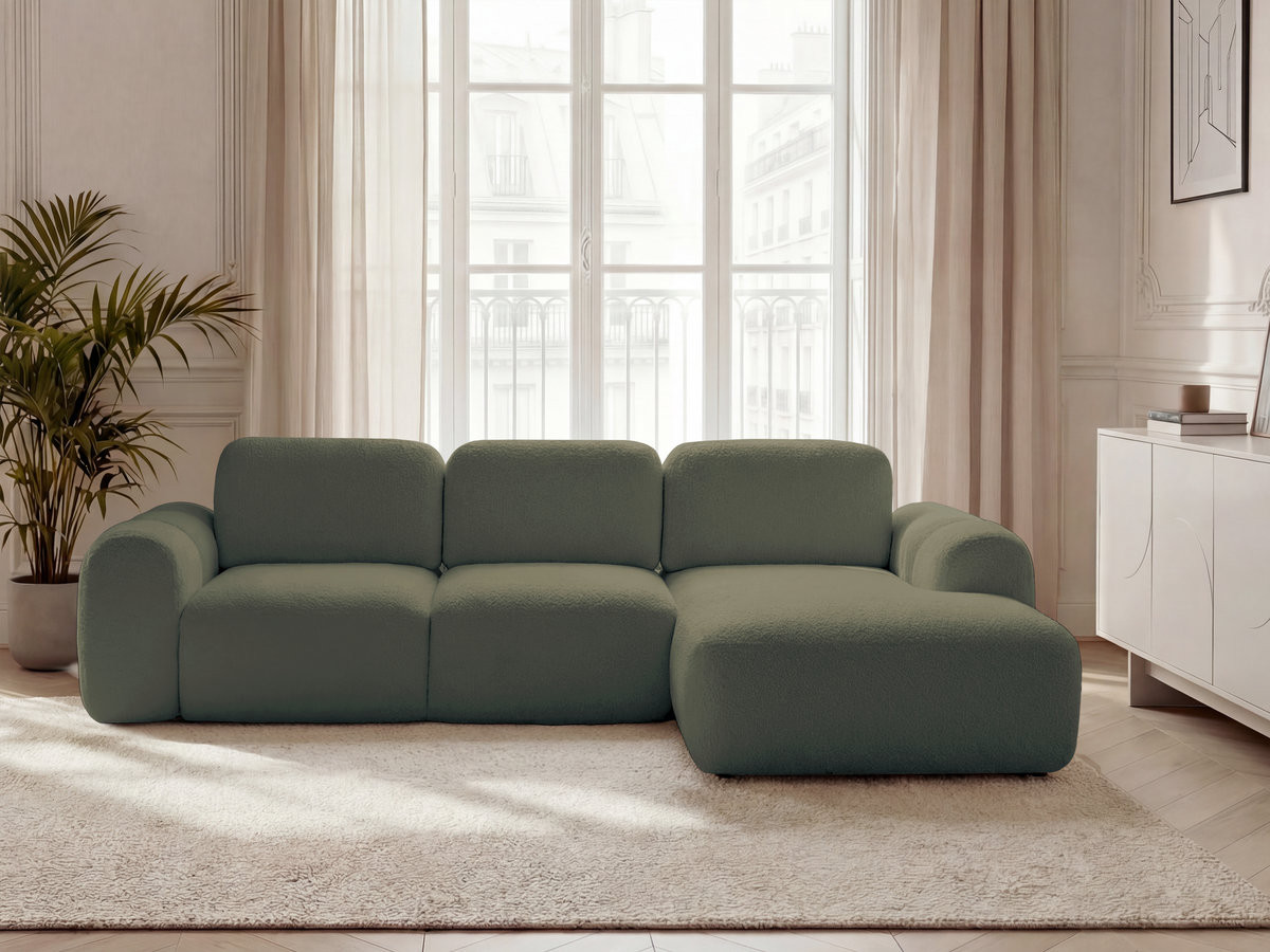 Bobochic Montaigne Ecksofa mit Schlaffunktion und Bettkasten 276 × 164 cm Bouclé-Stoff Grün Ecke rechts