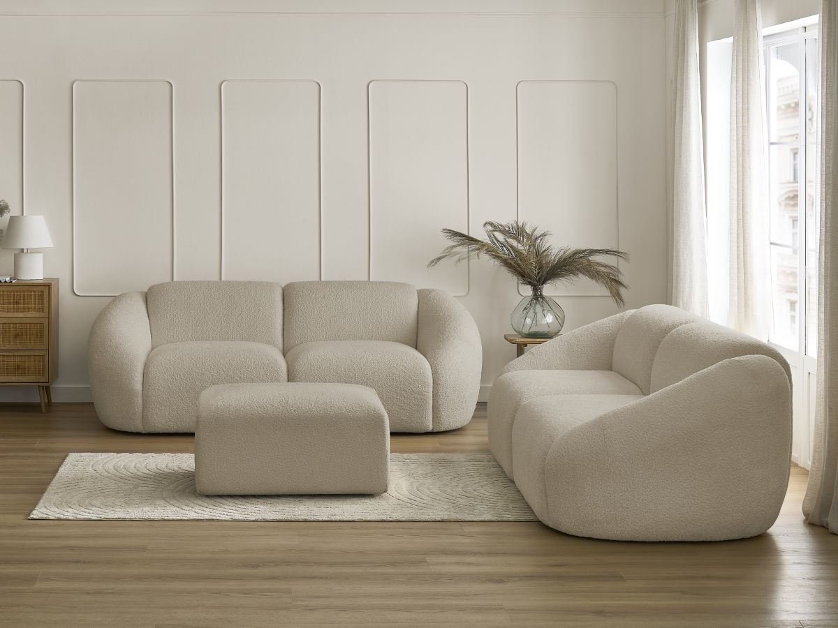 Bobochic Tina Sofa 6-Sitzer mit Pouf Bouclé-Stoff Beige