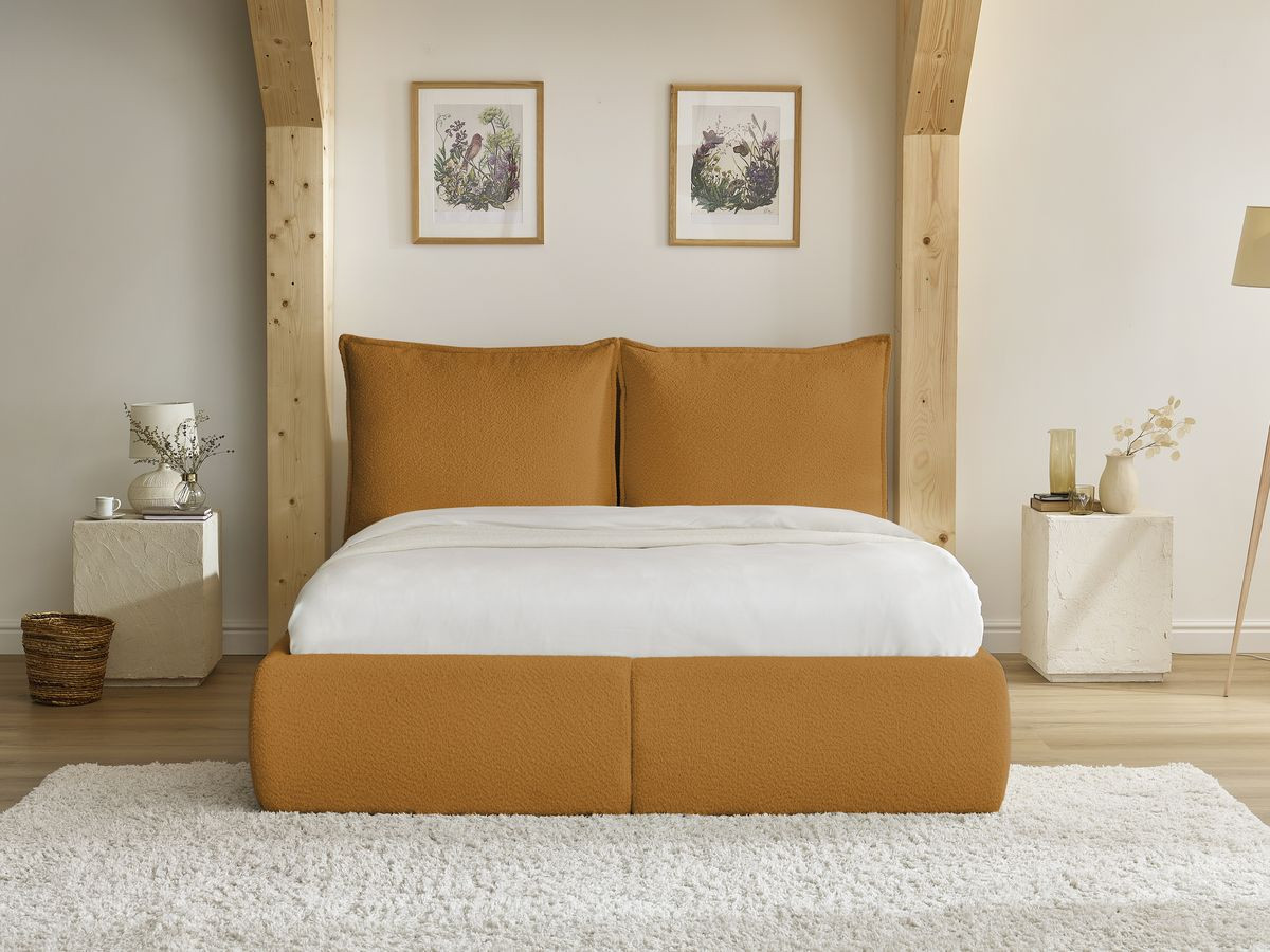 Bobochic Garance Polsterbett mit Bettkasten Bouclé-Stoff Gelb, Liegefläche 140 × 190 cm