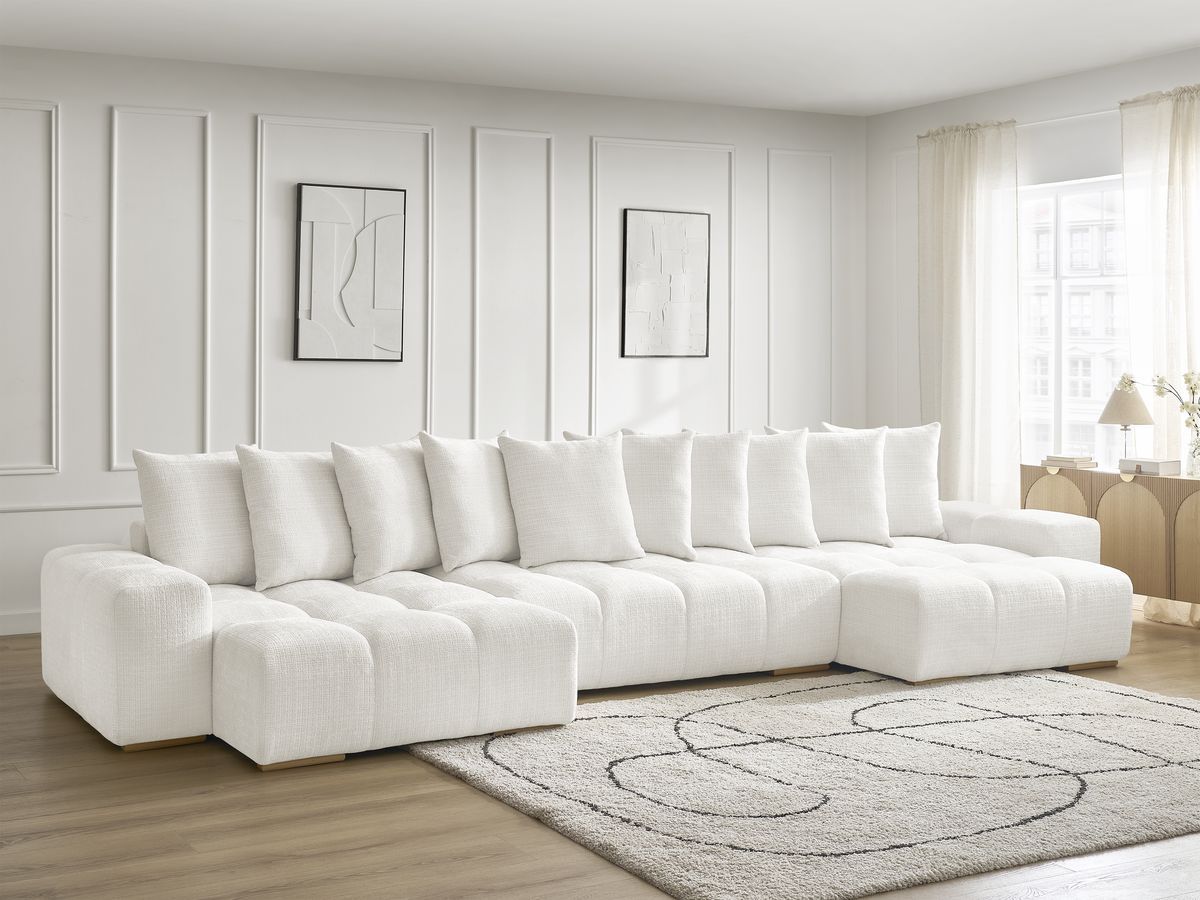 Bobochic Anakin Wohnlandschaft, Liegefläche 137 × 382 cm, 10 Kissen Strukturstoff Weiß