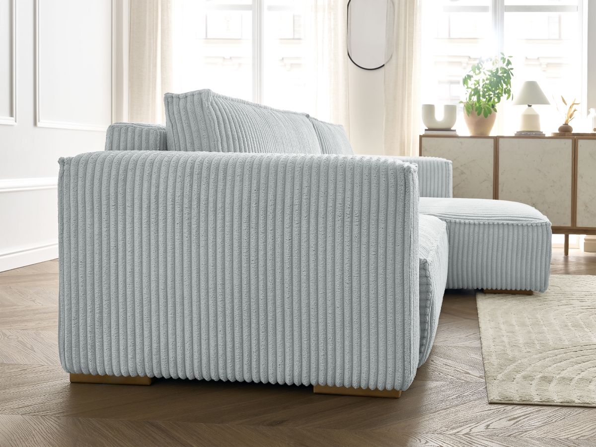 Bobochic Chelsea Ecksofa mit Schlaffunktion und Bettkasten Breitcord weich Hellgrau