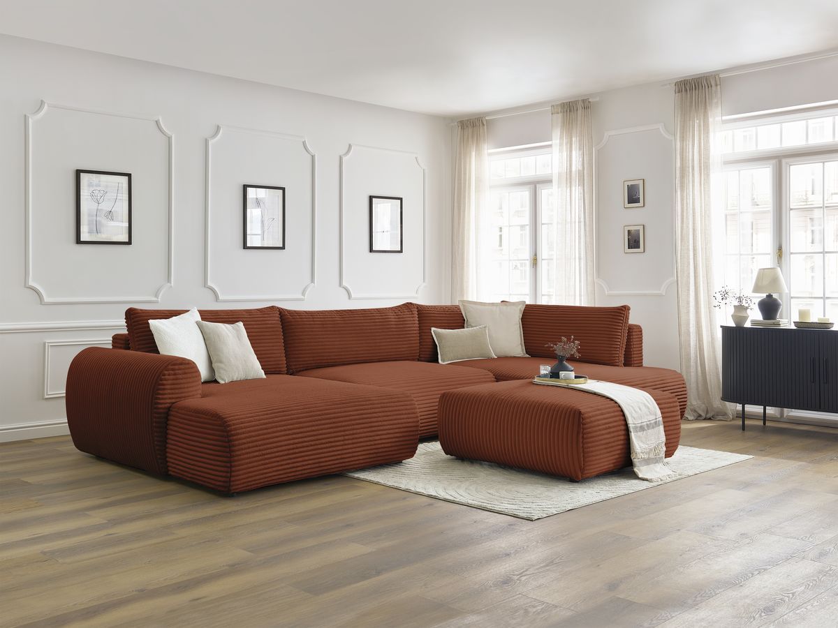 Bobochic Lucien Wohnlandschaft mit Pouf Breitcord weich Orange Ecke links