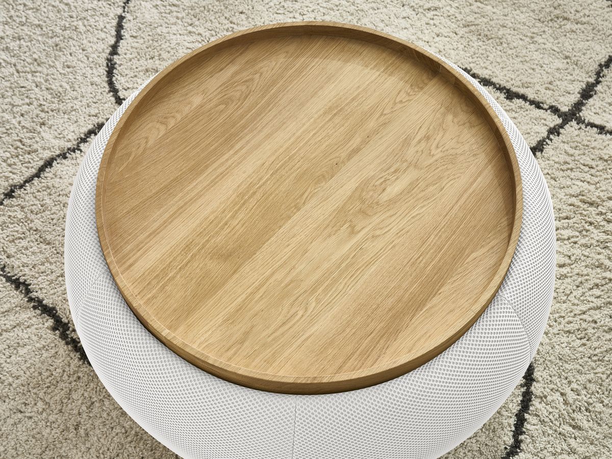 Bobochic Hayden Pouf mit Tablett, rund Mesh-Stoff Weiß, 77 cm