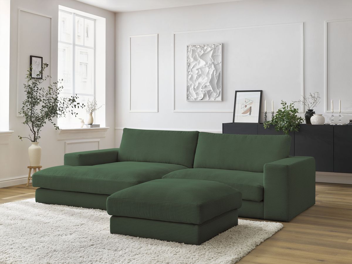Bobochic Leonard Ecksofa mit Pouf 234 × 159 cm Cordsamt Dunkelgrün Ecke links