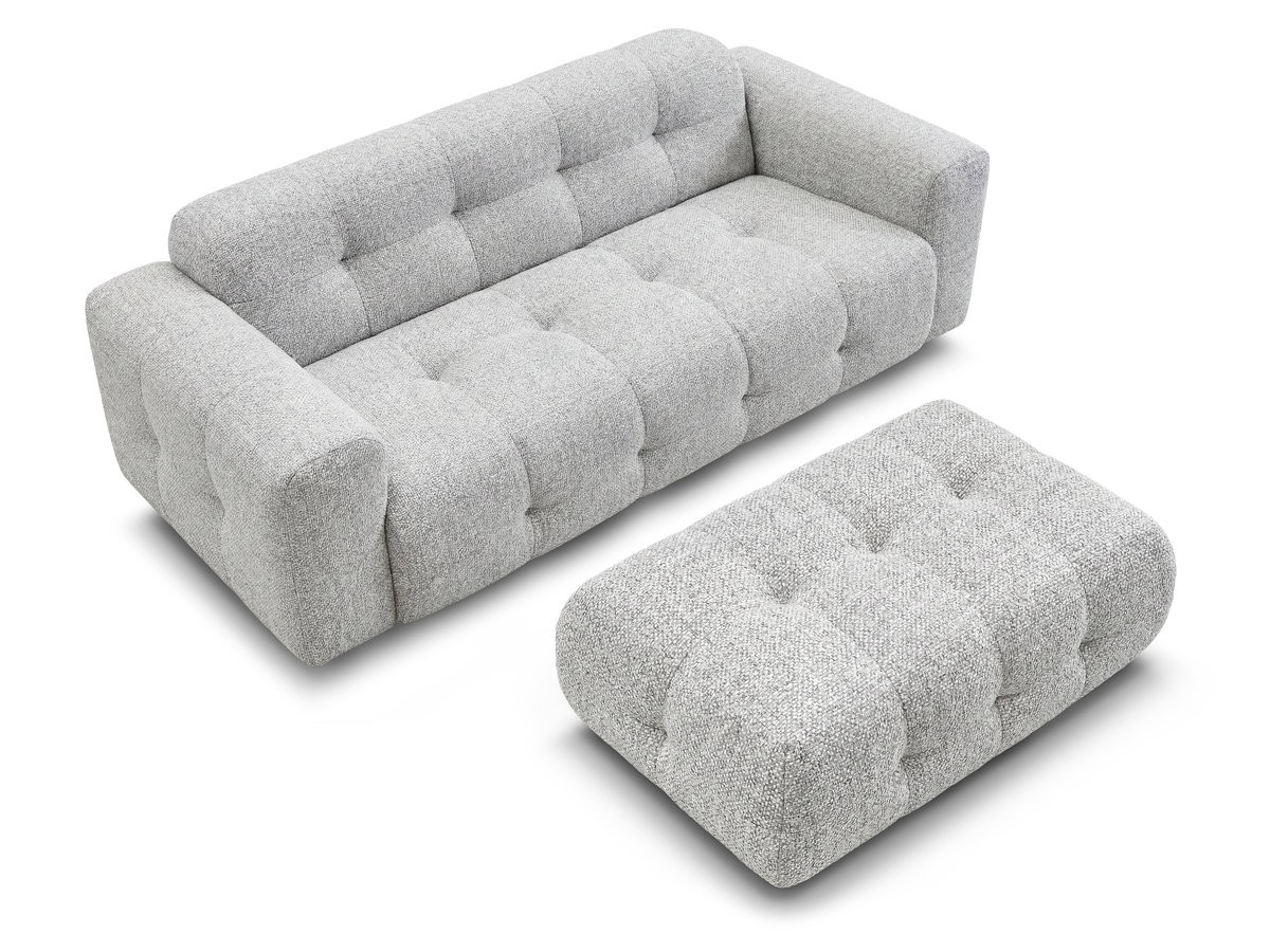 Bobochic Laura Sofa 3-Sitzer mit großem Pouf Melange-Stoff Hellgrau