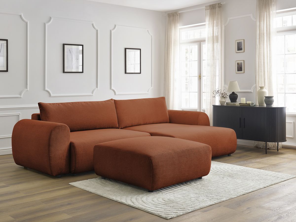 Bobochic Lucien Ecksofa mit Schlaffunktion und Bettkasten und Pouf 314 × 167 cm Stoff Orange Ecke rechts