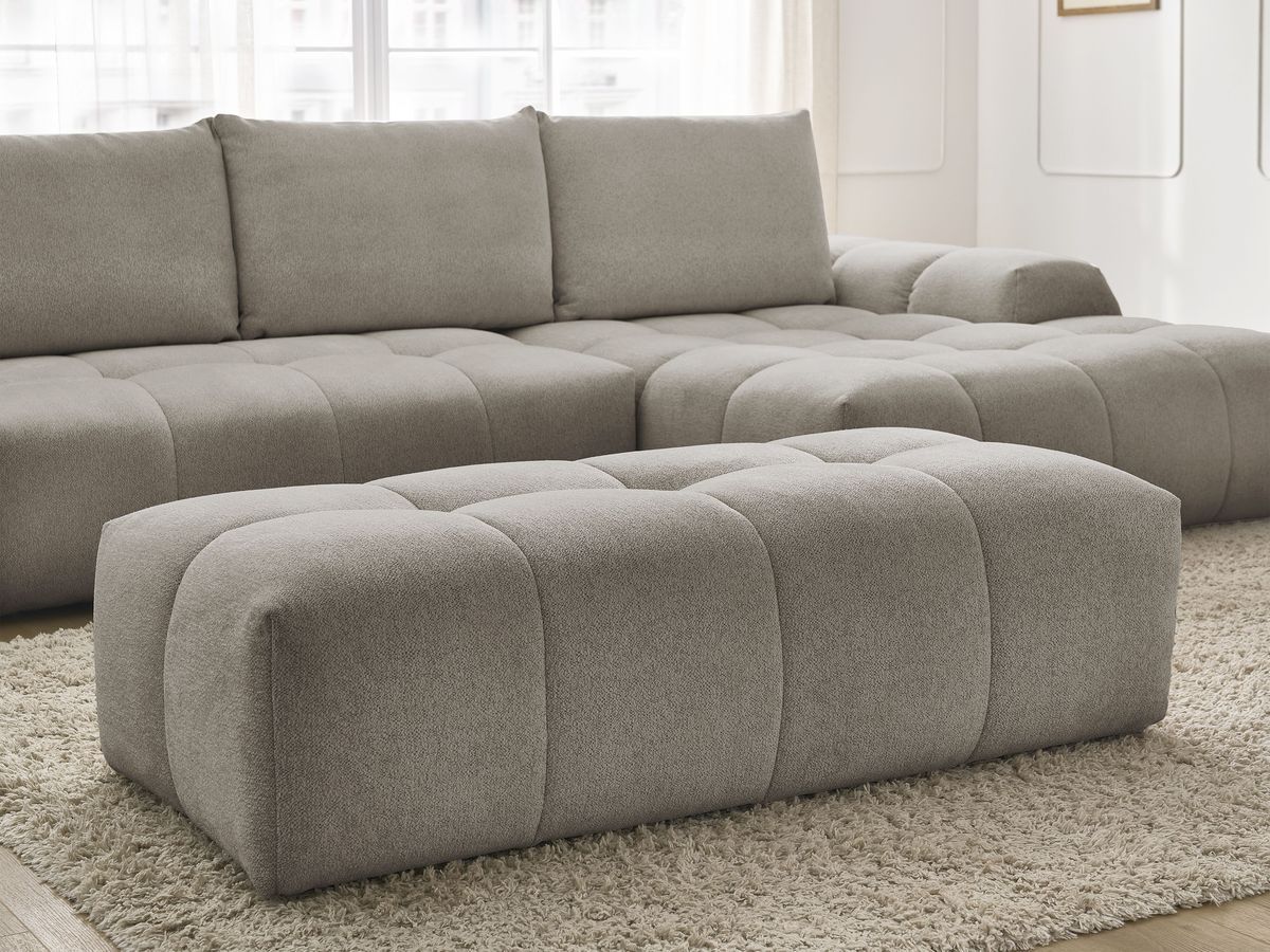 Bobochic Everest Ecksofa mit Schlaffunktion und Bettkasten und Pouf 318 × 180 cm, 3 Kissen Melange-Stoff Taupe Ecke rechts