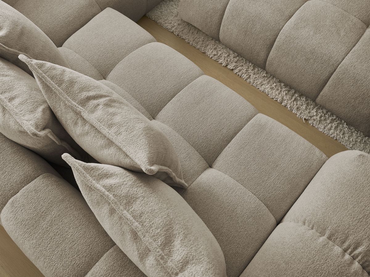 Bobochic Everest Ecksofa mit Schlaffunktion und Bettkasten und Pouf 320 × 212 cm, 10 Kissen Melange-Stoff Taupe Ecke rechts